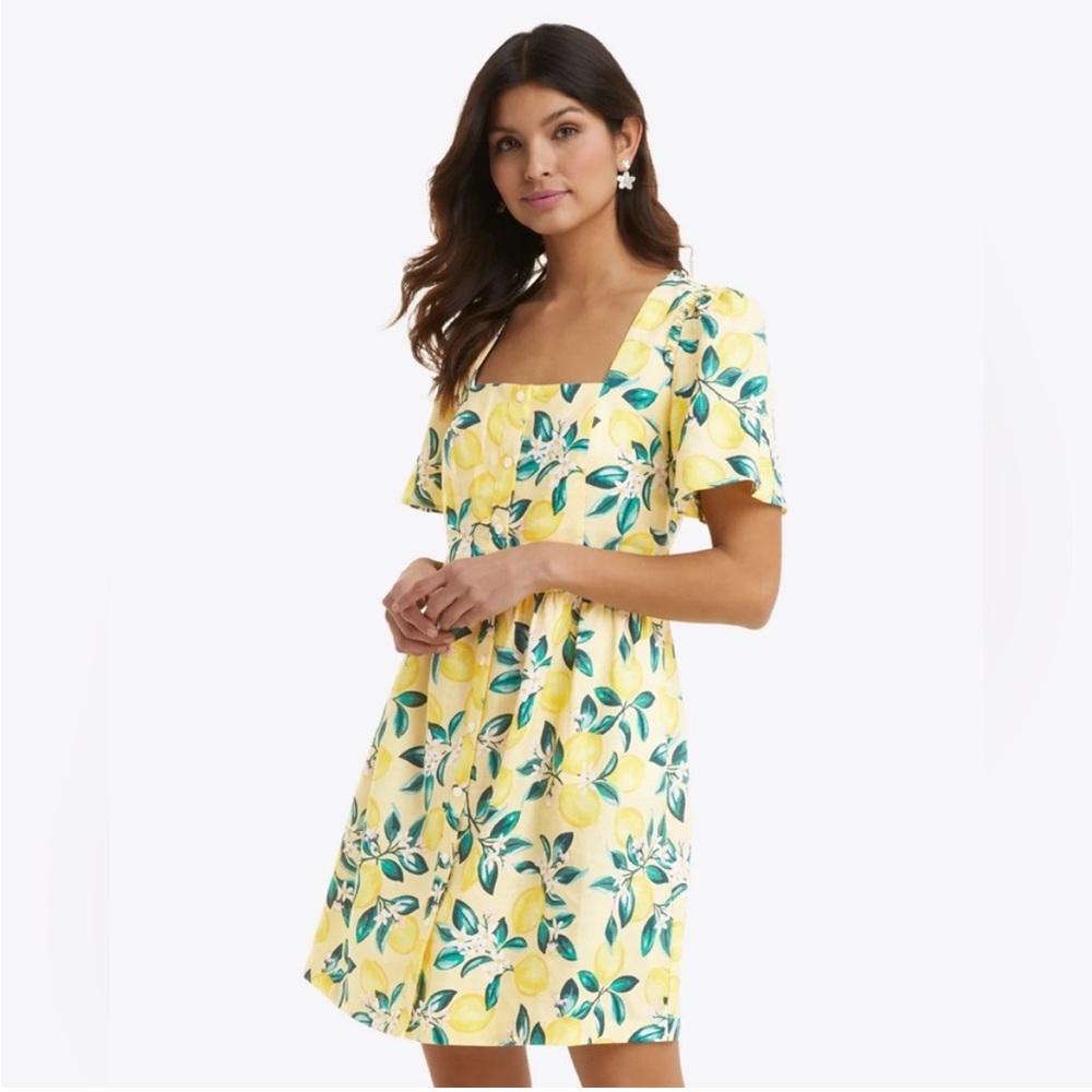 Draper James Yellow Lemon-Print Square Neck Dress